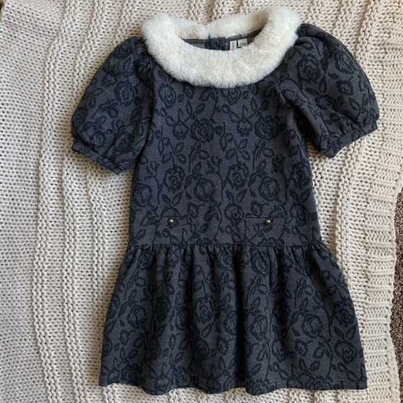 NWT Janie and Jack Faux Fur Collar Floral Jacquard Dress - Picture 5 of 7